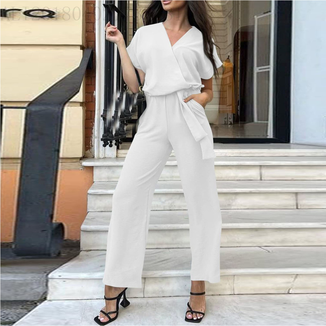 Amazon Hot Women's Short Sleeve V-Neck Office Professional Jumpsuit Pocket Jumpsuit