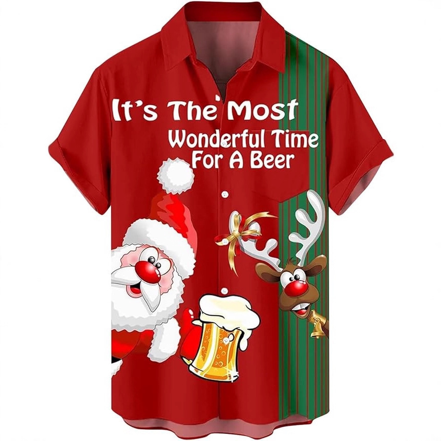 2025 New Men's New Year's Day Santa Claus 3D Printed Pattern Fashionable Casual Style Tops and Shirts