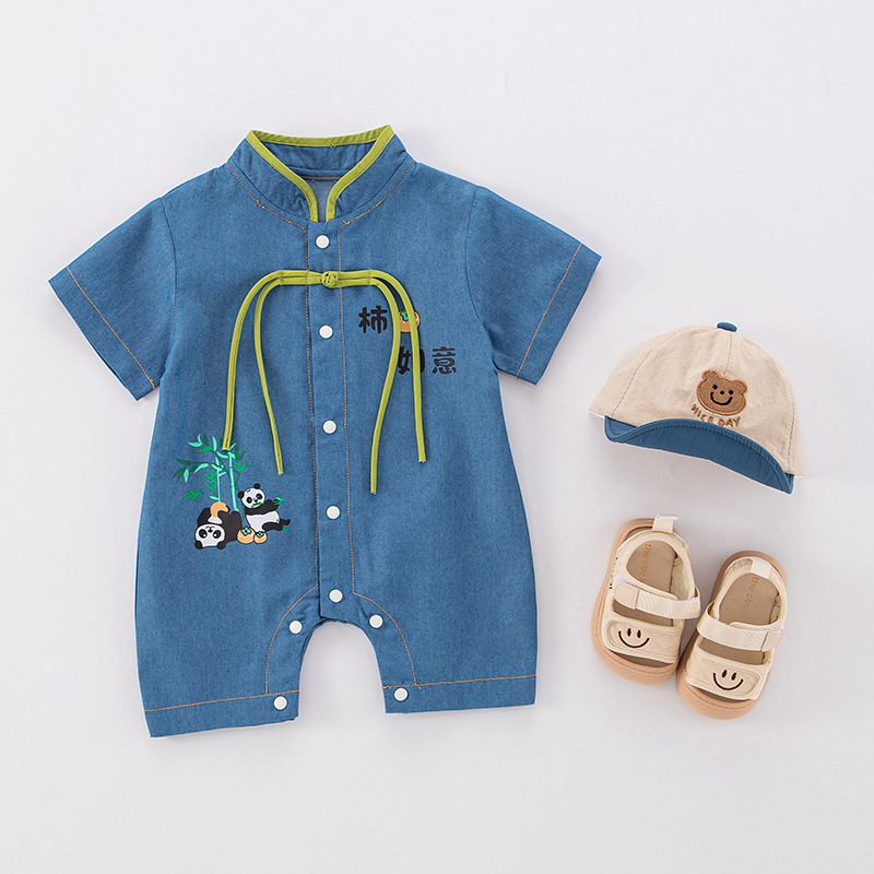 소년 소녀를위한  여름 새로운 부드러운 데님 세트 귀여운 인쇄 얇은 편안한 짧은 소매 등반 세트