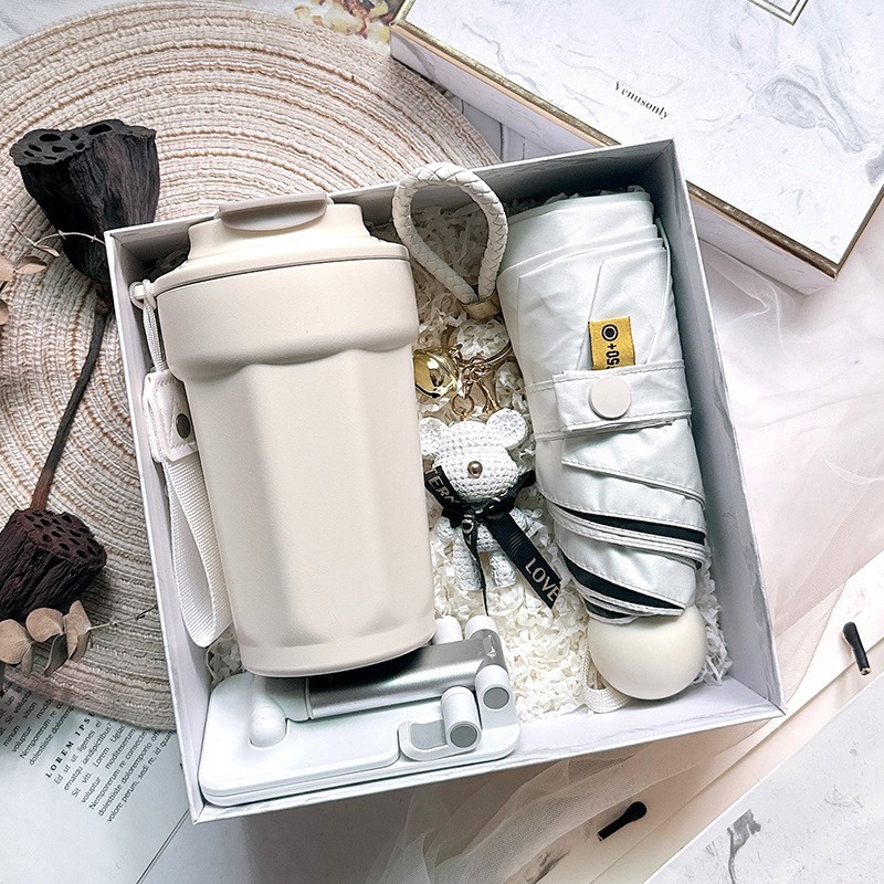 화이트 [316 팔각형 컵 + 흰색 우산 + 곰 펜던트 + 휴대폰 홀더]