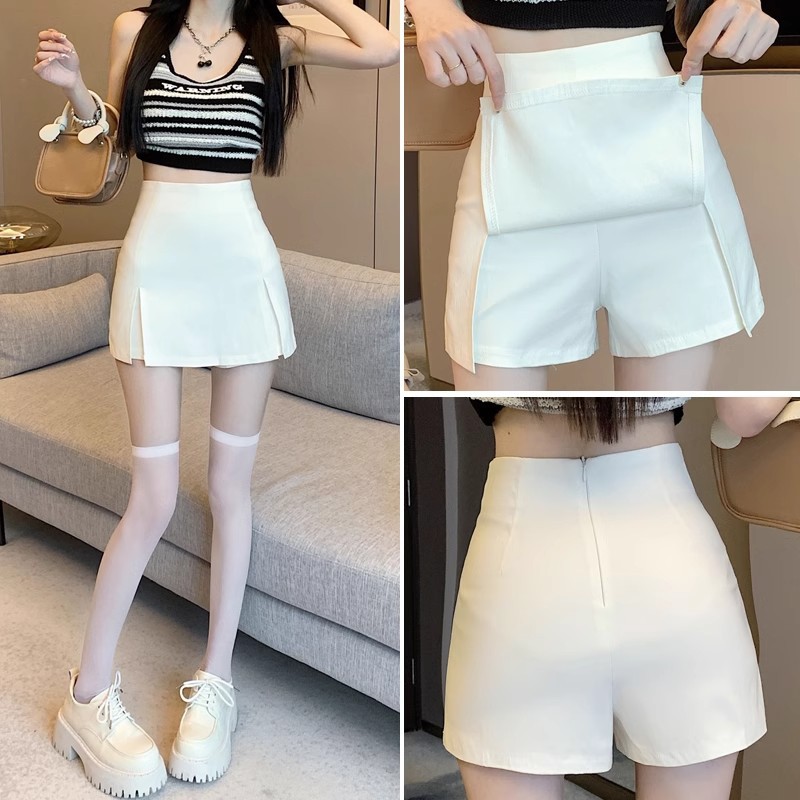 白色开叉西装短裤女夏季2024新款高腰弹力修身显瘦休闲a字裤裙子