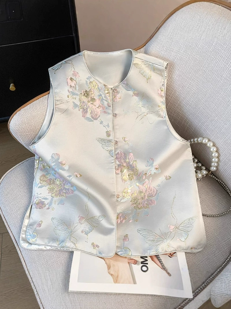 [Flower Love] Новая китайская стиль бисерная б buckle жилетка, светлый национальный стиль, элитная атласная жилетка, золотая проволочная жаккардовая жилетка