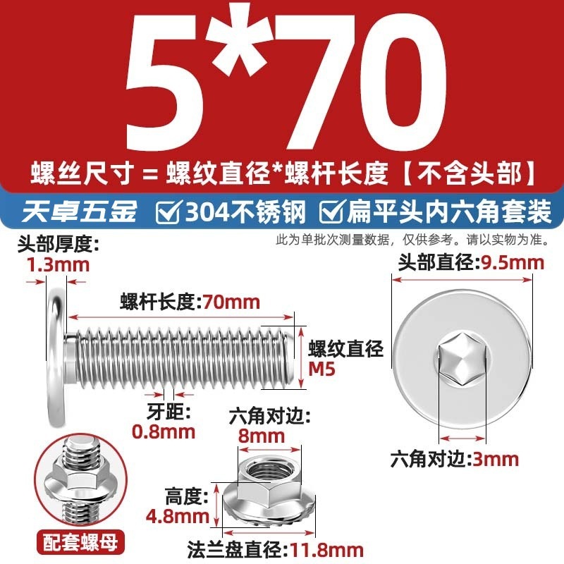 304不锈钢CM大平头超薄头C头扁平头内六角螺丝钉法兰边螺母套装M5|undefined