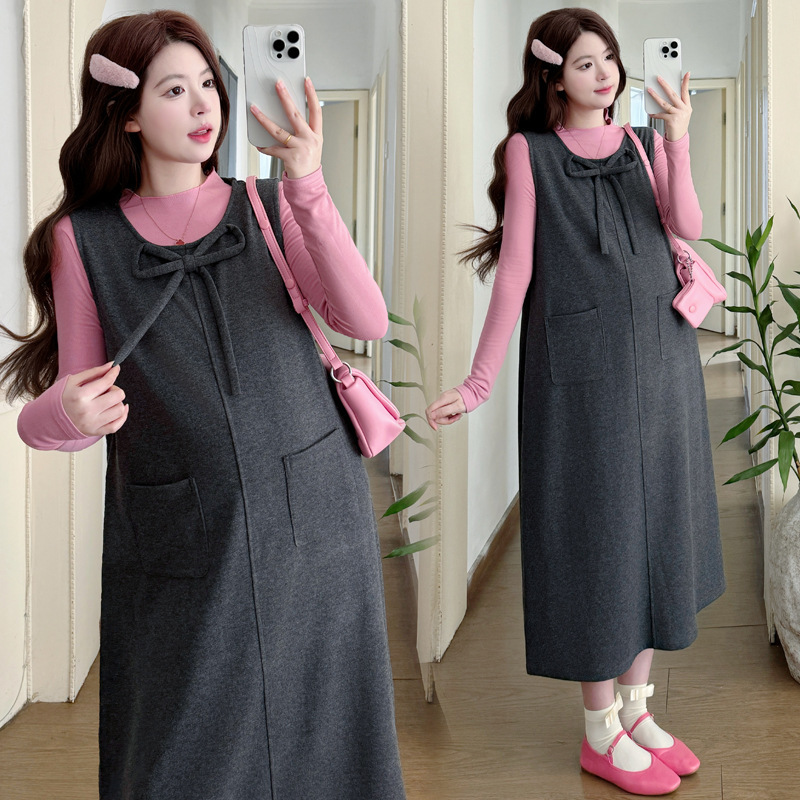 New Autumn Clothing for Pregnant Women, Loose-Fitting, Large-Size, Mid-Length, Elegant Style, Vest Dress, Bottoming Shirt, Sweet and Fashionable Two-Piece Set New Autumn Clothing for Pregnant Women, Loose-Fitting, Large-Size, Mid-Length, Elegant Style, Vest Dress, Bottoming Shirt, Sweet and Fashionable Two-Piece Set
