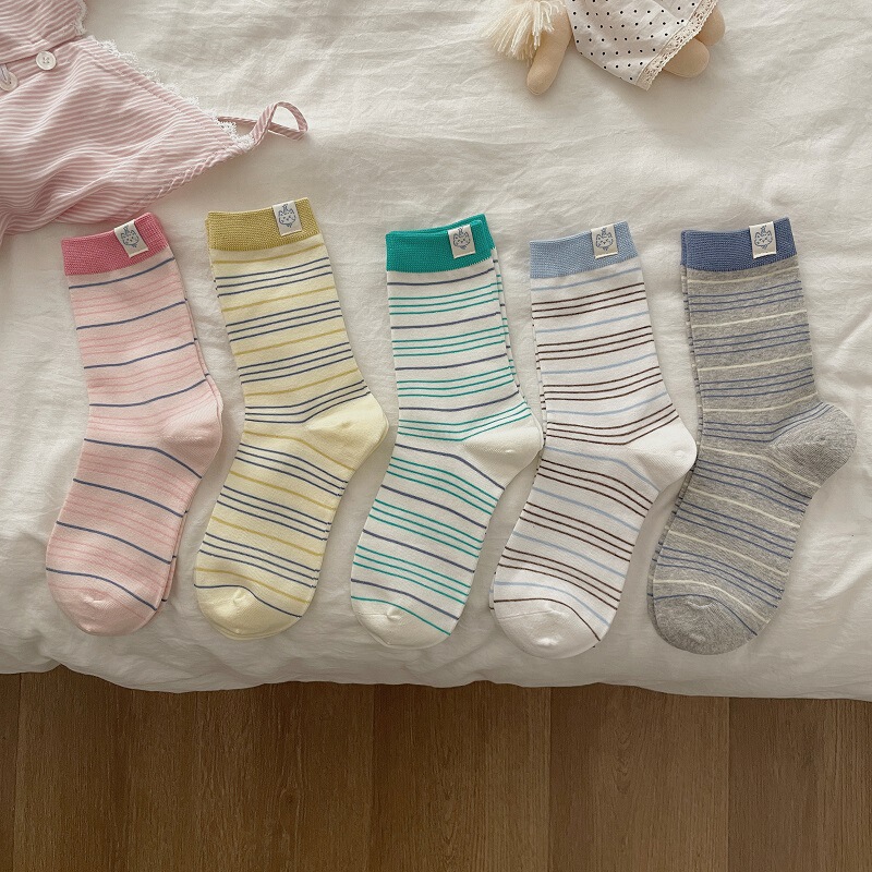 Spring and Summer Striped Fabric Label Kitten Socks for Women, Mid-Calf Socks, Trendy Japanese Retro Couple Sports Summer Cotton Socks