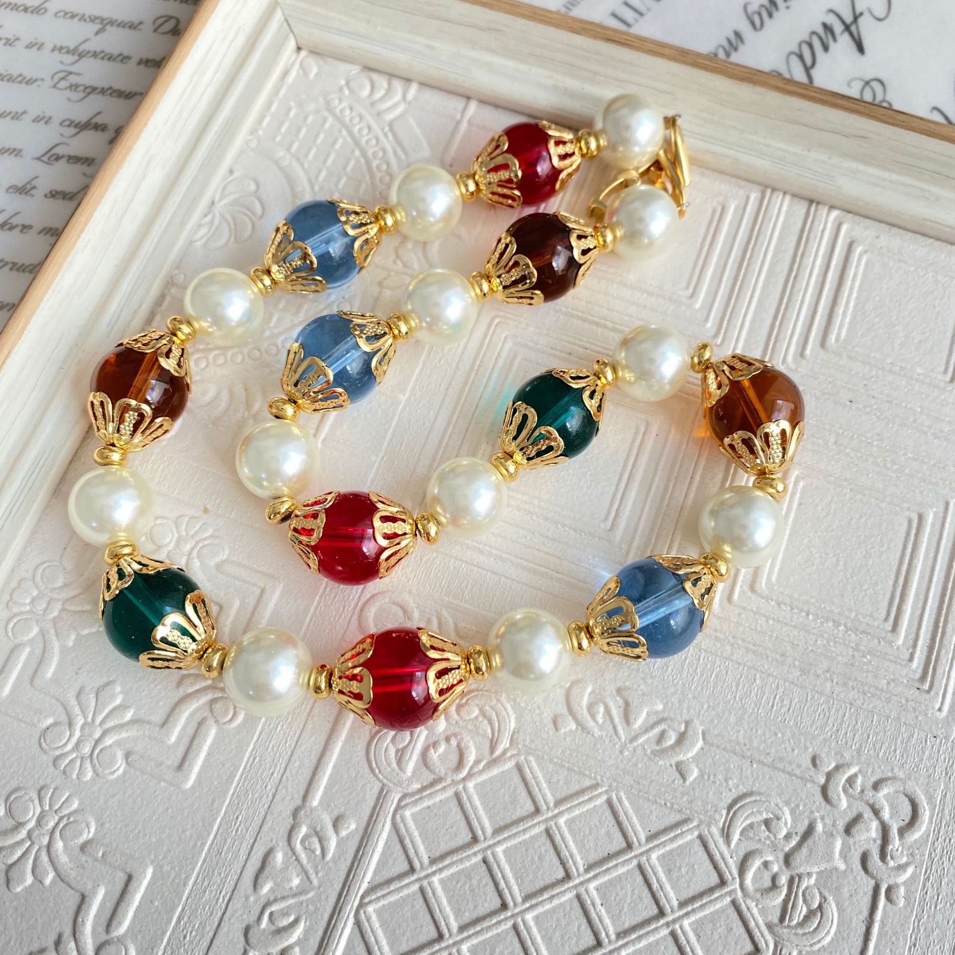 Chinoiserie Geometric Glass Inlay Artificial Gemstones Womenu0027S Bracelets Necklace 1 Piece