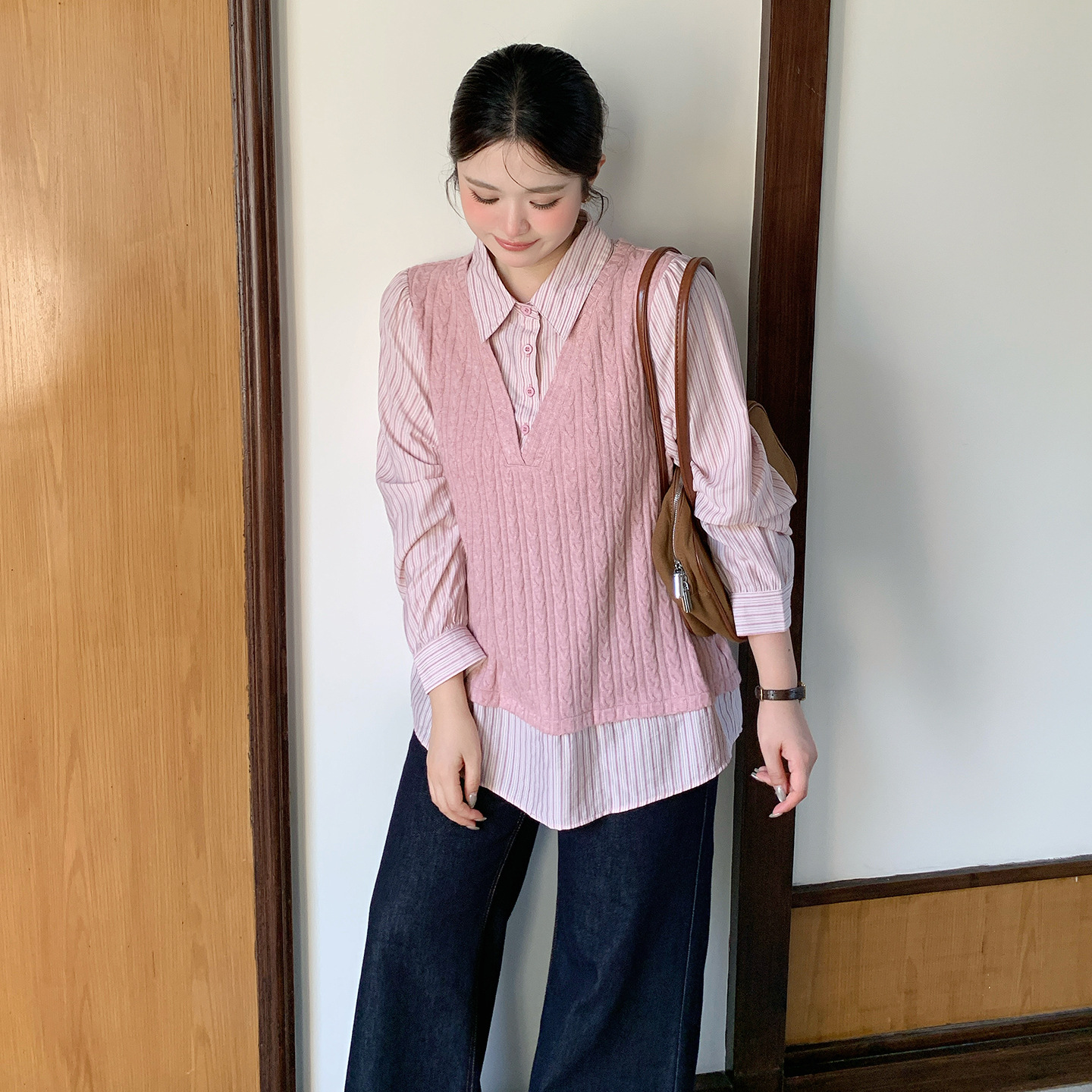 Zhixuan Plus Size Faux Two-Piece Striped Patchwork Braided Pattern Knit Vest Shirt 2026 Autumn New Model 325355