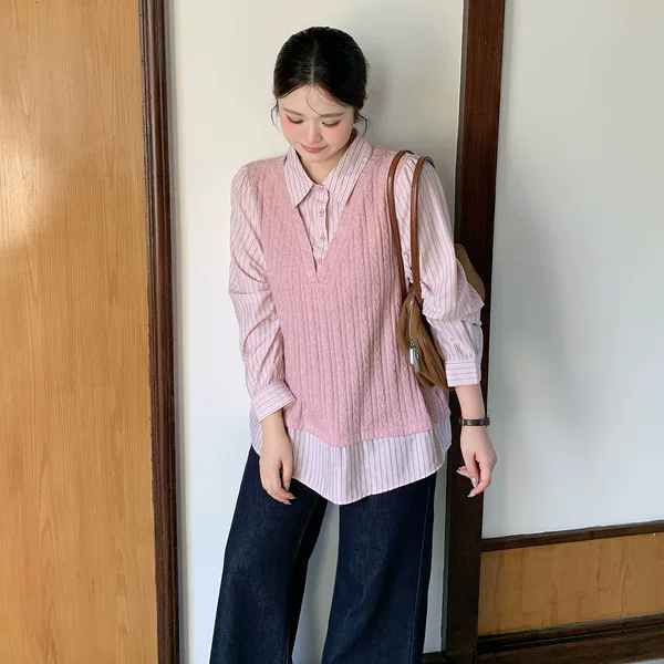 Zhixuan Plus Size Faux Two-Piece Striped Patchwork Braided Pattern Knit Vest Shirt 2026 Autumn New Model 325355