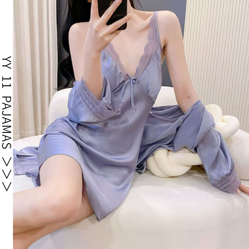 Ice and Snow Silk Suspender Nightgown for Women Summer Sexy Pure Color High-End Lace Long-Sleeved Nightgown with Breast Pad Home Wear Thin