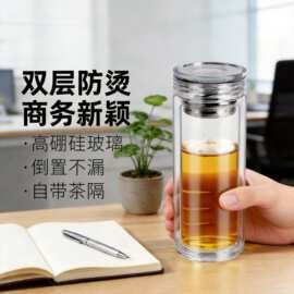 高硼硅双层加厚玻璃杯耐高温茶水分离杯高级感轻奢大容量水杯带盖