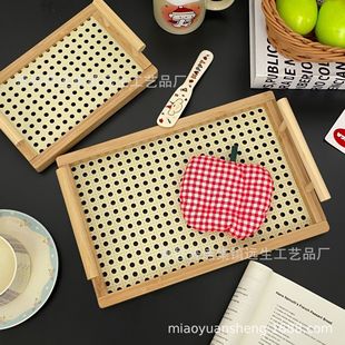 Medieval Style Wooden Retro Rattan Tray Rectangular Storage Snack Tea Tray Cup Storage Shelf Satchel Basket