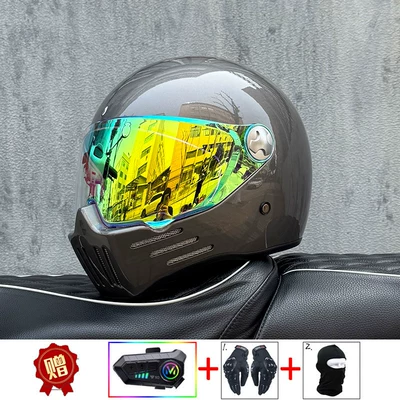 Certified Retro Motorcycle Full-Face Helmet, Motosiklet kaskı (dəbilqə) - metallic-gray-with-colorful-gold-and-purple-night-vision-transparent-mirror-included-y10-soft-wheat-m