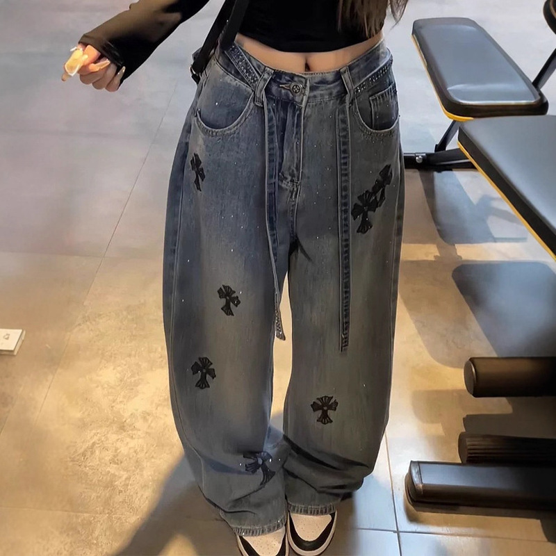 Trendy Rhinestone Starry Sky Cross Straight-Leg Jeans for Women, Autumn and Winter Slim-Fit Wide-Leg Pants
