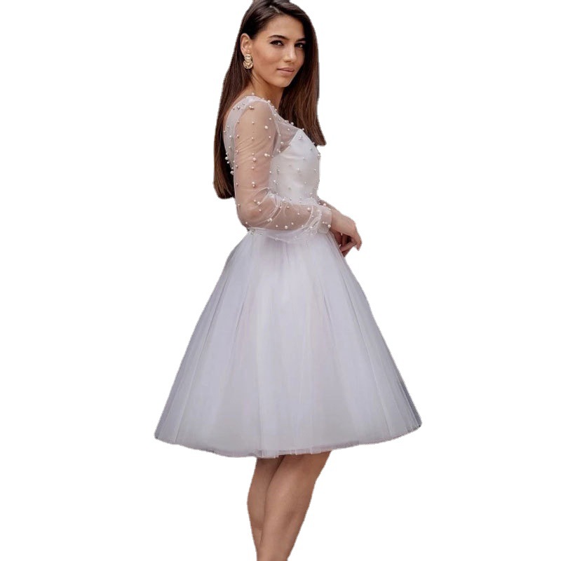 El comercio exterior europeo y americano Amazon AliExpress desea estación independiente transparente perla corto rodilla-longitud playa vestido de novia vestido de cuentas