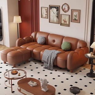 French-Style Vintage Oil Wax Leather Light Luxury Living Room Sofa, Simple Modern Retro Villa Straight Sofa Chaise Corner