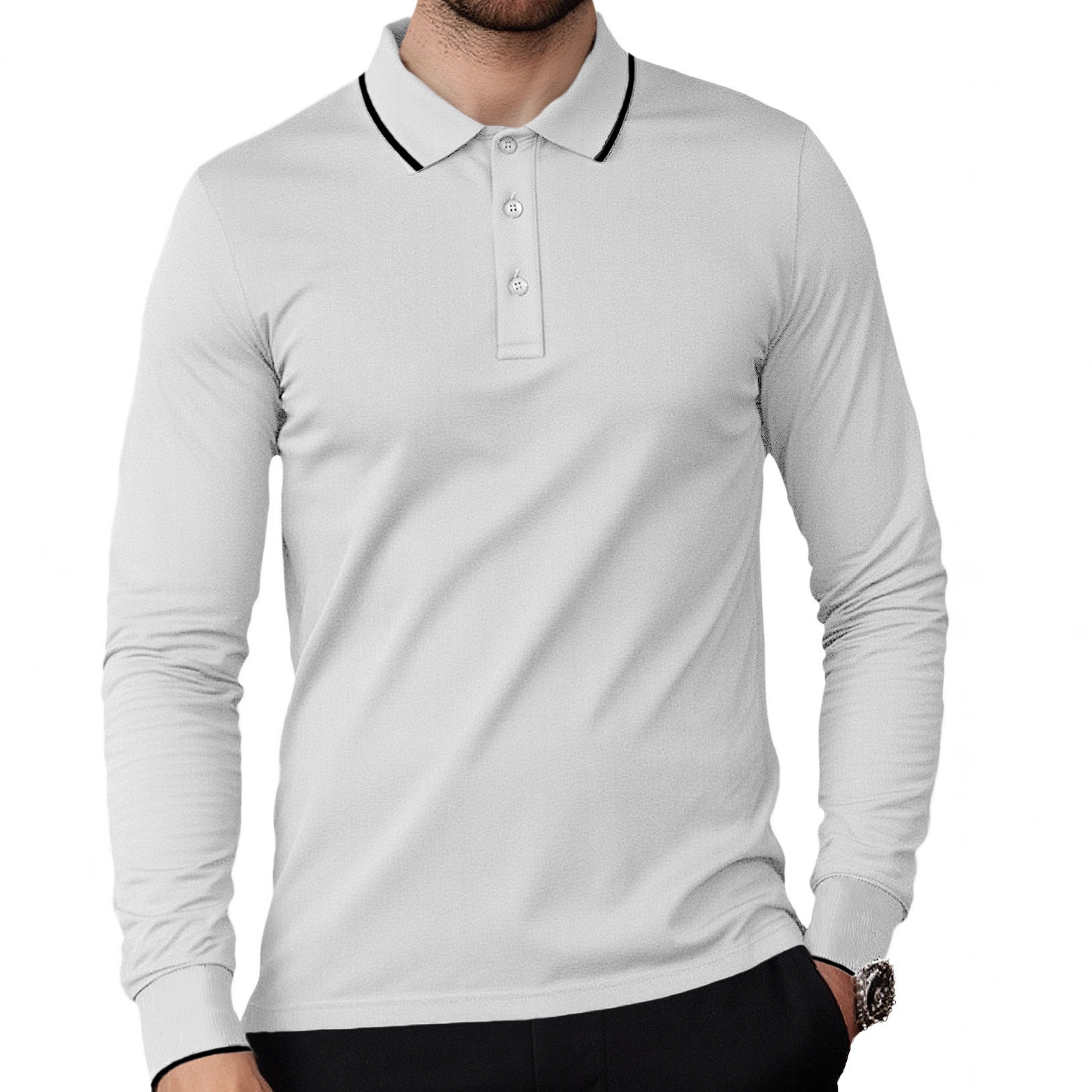 Transfronterizos Europa y América Amazon primavera y otoño negocios casual hombre solapa de color sólido para salir a la cita de mangas largas camisa polo delgada