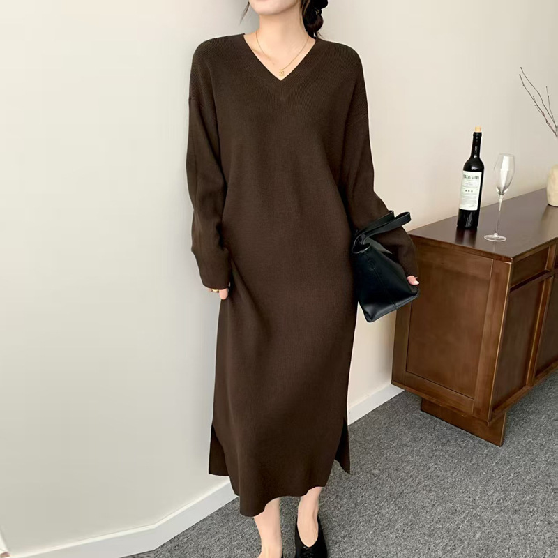 法式秋冬新款气质中长款V领针织连衣裙女宽松显瘦纯色时尚毛衣裙|undefined