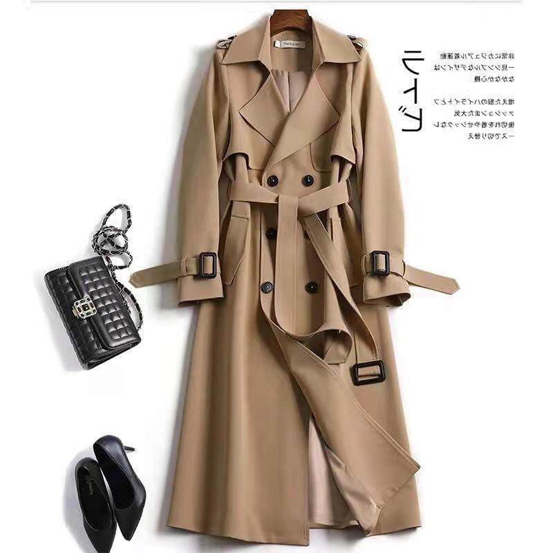 Áo khoác gió nữ dáng trung bình dài qua gối, tay dài, cổ polo, phong cách thanh lịch — Khaki [Lớp lót màu trơn], Lớp lót kẻ sọc kaki, Lớp lót kẻ sọc màu trắng nhạt, Lớp lót kẻ sọc màu xanh hải quân chi tiết 6