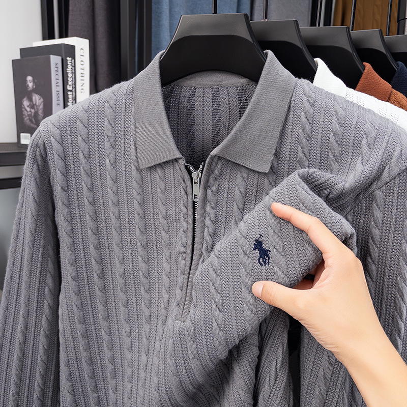 Autumn New Knitwear Men's Square Collar Pure Color Half Open Collar Zipper Knitwear Casual Versatile Fashion T-Shirt for Men