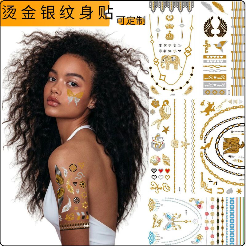 Waterproof Metallic Foil Tattoo Stickers, Temporary Tattoos for Cross-Border Sales, Direct from the Manufacturer, Full Arm Floral Tattoo Scar Cover Stickers, Washable