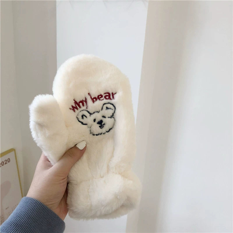 Estilo coreano chica lindo oso guantes de peluche invierno cálido forrado de lana engrosada estudiante lindo manoplas de dibujos animados