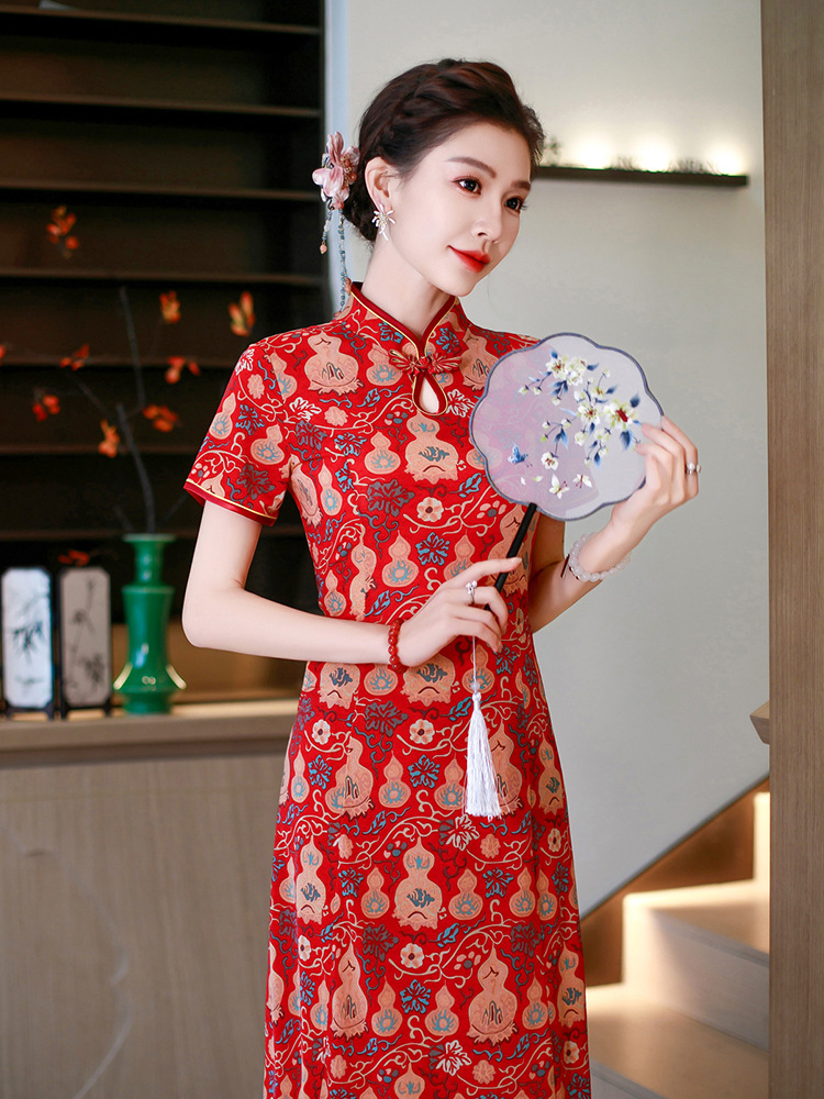 Đầm maxi nữ cổ đứng kiểu tân Trung Hoa in họa tiết dáng dài — xanh lam, màu đỏ