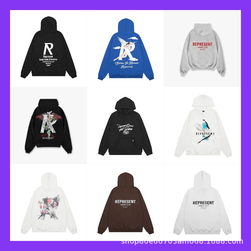 High Street REPRESENT ICON Sunset Crocodile Letter Logo Print Unisex Casual Hooded Sweatshirt Trendy Brand