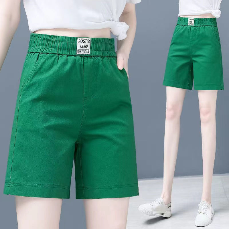 纯棉女式短裤夏季薄款直筒阔腿A字热裤高腰宽松绿色松紧腰休闲裤