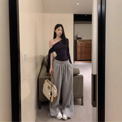 辣妹風不規則斜肩飄帶T恤女秋季2025新款設計感別致露肩緊身上衣
