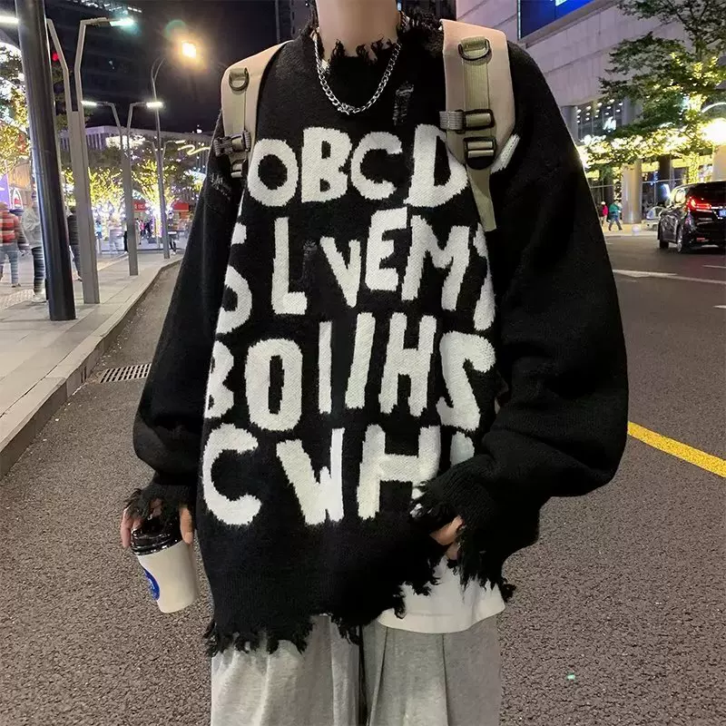 冬季国潮嘻哈满印毛衣男士高街御寒保暖宽松不规则毛边针织衫情侣