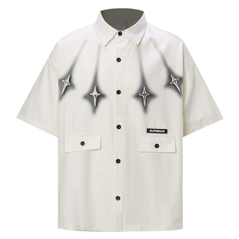 Independent Station American High Street Four-Pointed Star Printed Workwear Short-Sleeved Shirt Men's Summer Loose Casual Half-Sleeved Shirt