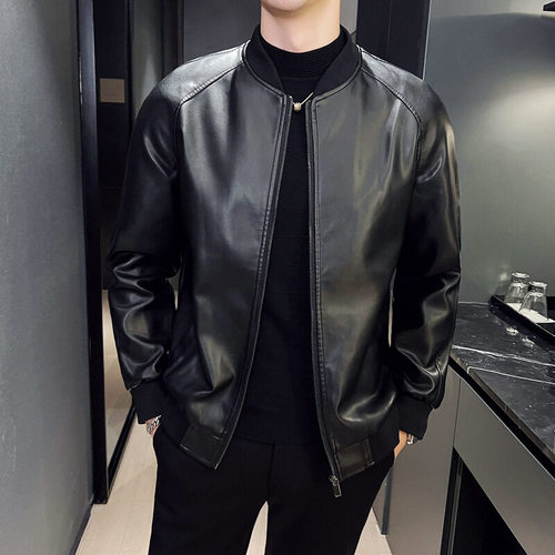 2025 Autumn/Winter New Men's Leather Jacket Thin Cardigan Zipper Design Work Long Sleeve Slim Stylish Solid Color