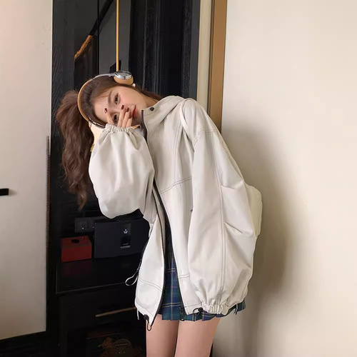 Women's Spring and Autumn Caped Windbreaker with Hong Kong Style Streetwear, White Baseball Jacket, Versatile Workwear Windbreaker
