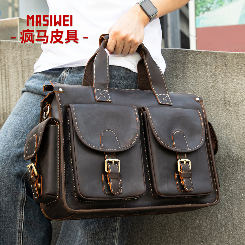 MASIWEI疯马皮商务公文包 男式高档电脑包大容量商务会议手提包潮