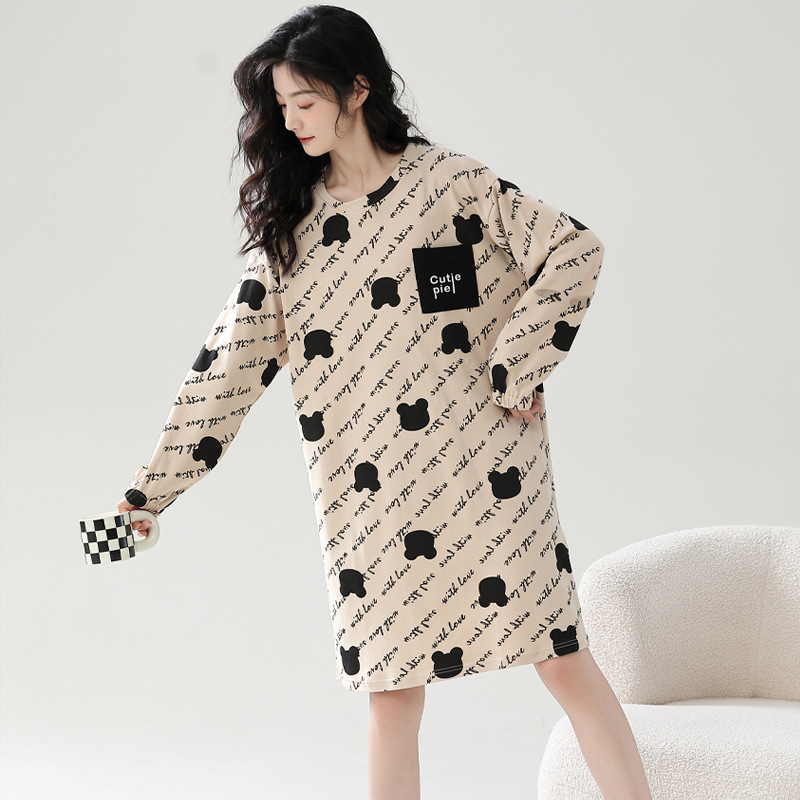 Camisón con almohadilla en el pecho Otoño e Invierno de las mujeres de manga larga de algodón puro pijamas de niña linda al por mayor de fábrica dulce directo se puede usar fuera