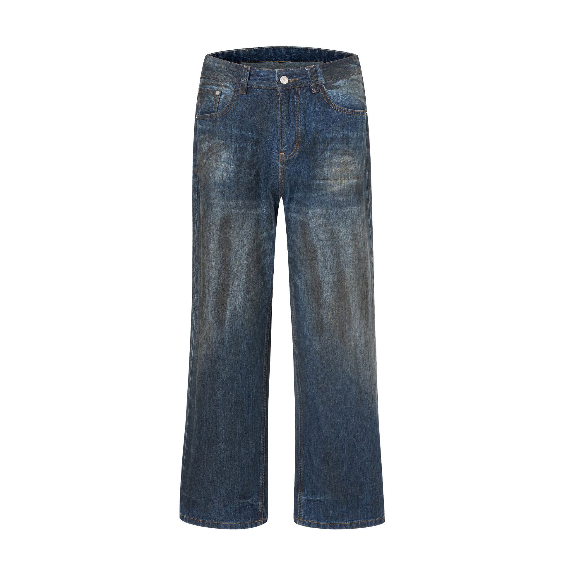 Men's high street wide leg mop pants trendy brand distressed dirty pants straight leg loose jeans_voghion.com