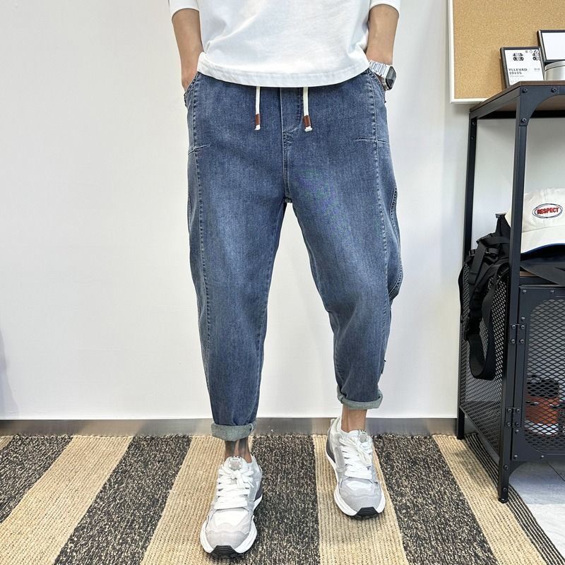 Jeans men's winter plush thick Harlan with drawstring and elastic waistband, versatile carrot casual pants_voghion.com