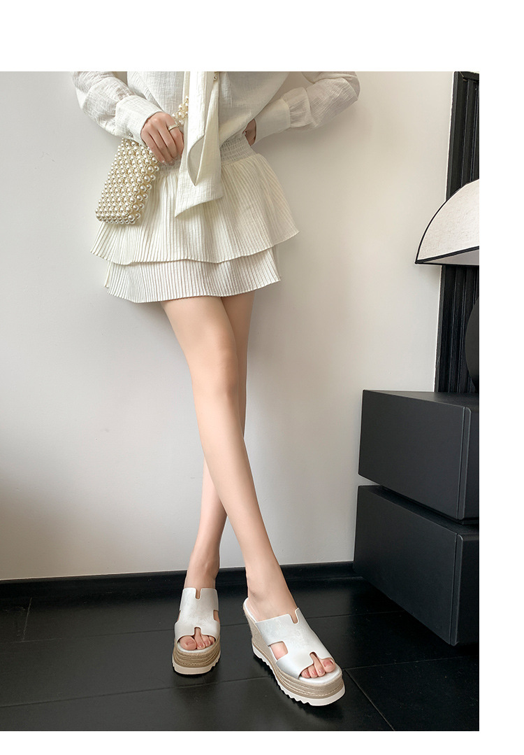 Sandal cao gót nữ hở mũi đế xuồng bện cói da bò thật — màu be, màu hồng, màu xanh huỳnh quang chi tiết 3