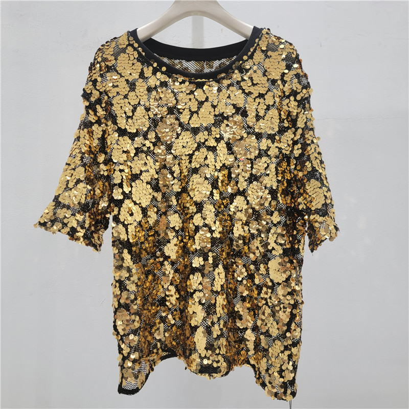 Camiseta de manga corta de estilo europeo y americano con sequinado de moda coreana de media manga guapo brillante chaqueta de media manga suelta image 2