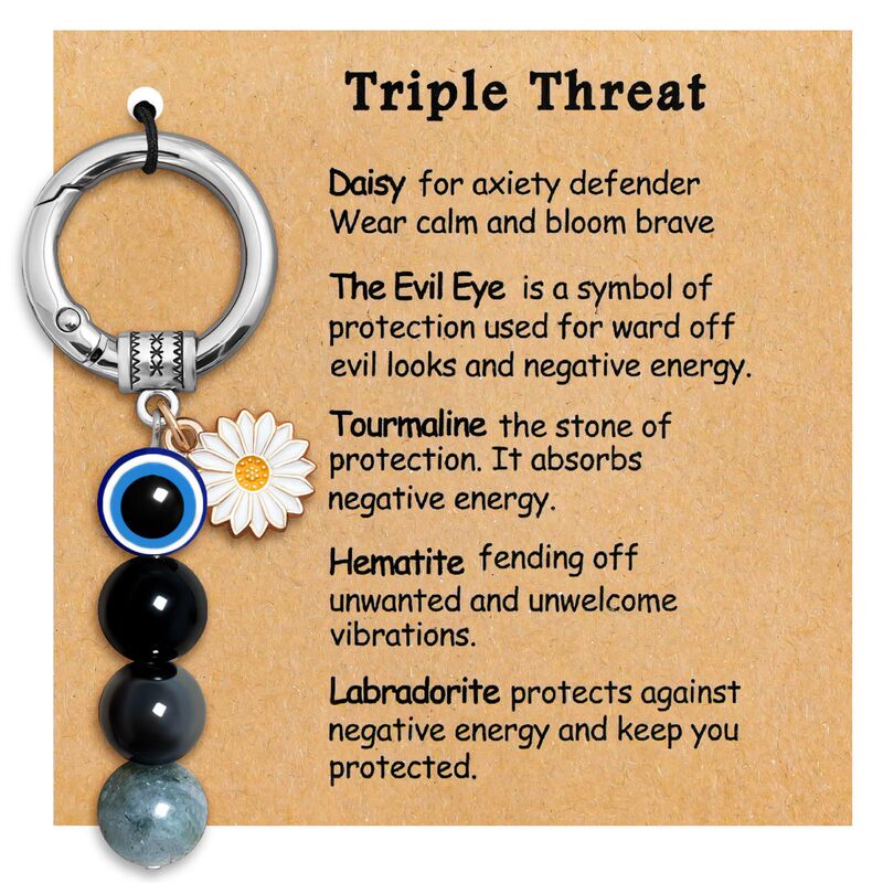 Devil's Eye Keychain Ladies Gift Triple Protection 10mm Obsidian Crystal Devil's Eye Keychain