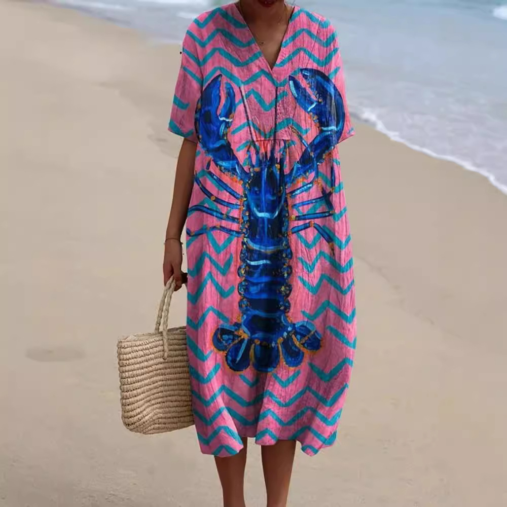 Plus Size Women's Shirt Pocket Short Sleeve Dress Marine Element Fish Resort Style Dress_ecoleips.com
