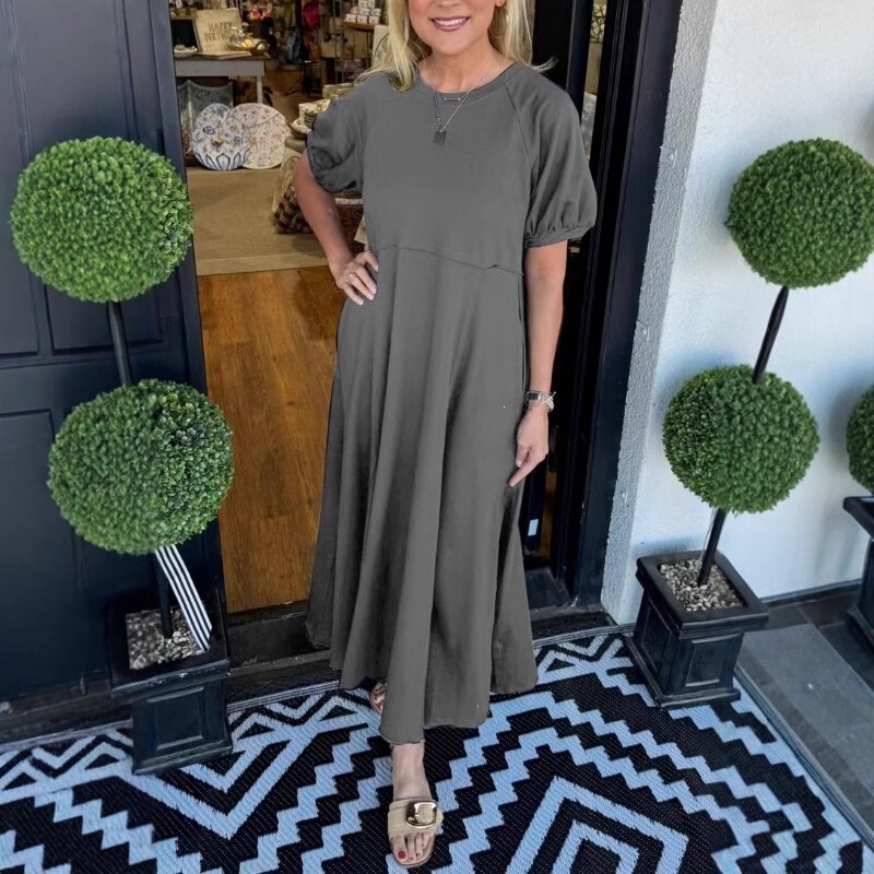 2025 New European and American Clothing Cross-Border Foreign Trade Amazon Women's Popular Knit Short-Sleeve Flared Long Dress
