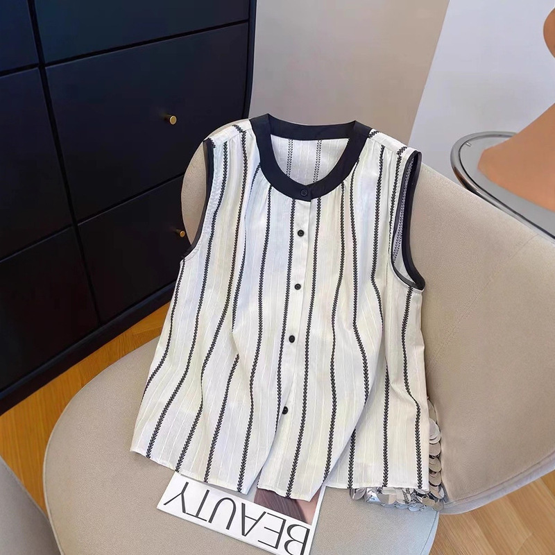 High-End Striped Thin Sleeveless Shirt for Women, 2025 Summer New Style, Loose Fit, Color-Blocking, Petite Tank Top High-End Striped Thin Sleeveless Shirt for Women, 2025 Summer New Style, Loose Fit, Color-Blocking, Petite Tank Top