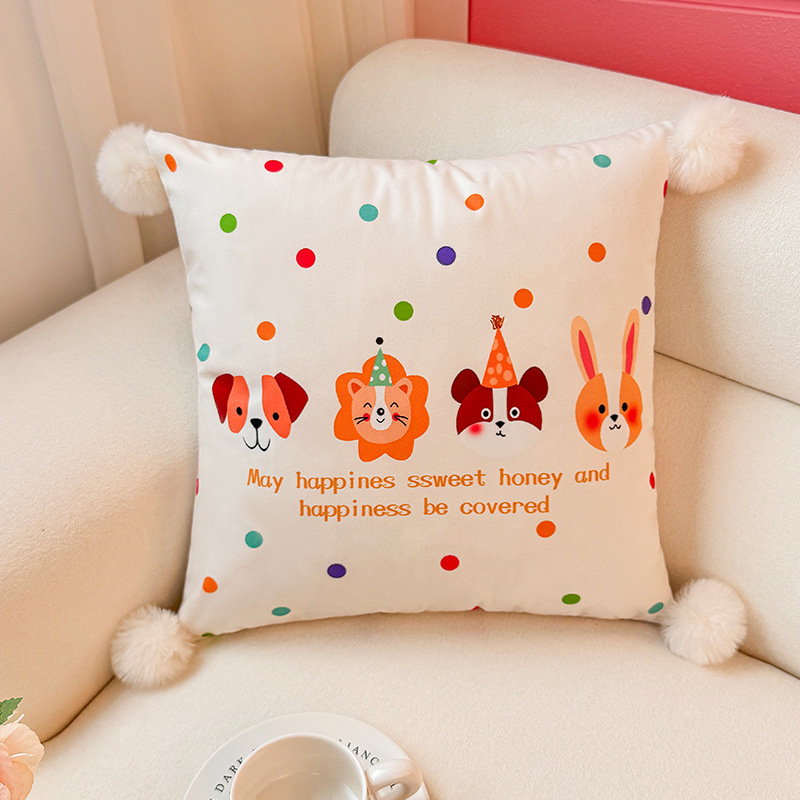 Almohada con estampado de terciopelo holandés de animales pequeños, funda de almohada, sala de estar, sofá, almohada, impresión de cabecera, almohada de cintura abstracta, bola de pelo