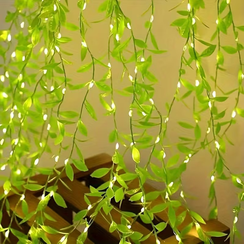 Willow Leaf Led String Lights, Rattan Copper Wire Lights, Cross-Border Artificial Green Vine Holiday Balcony Garden Decoration Copper Wire String Lights