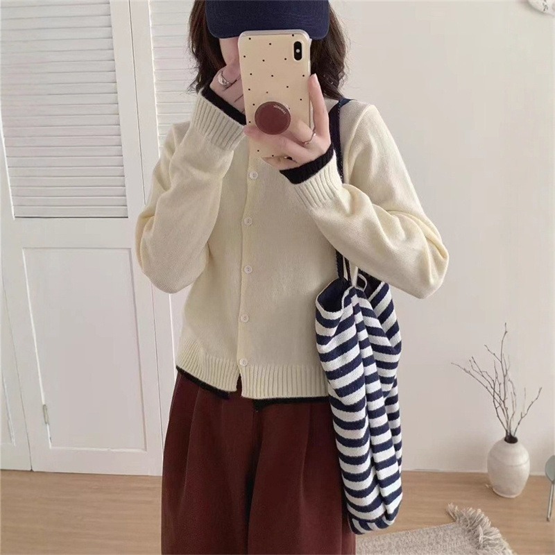 KANING韩系设计感撞色假两件针织开衫2025秋冬新款圆领撞色毛衣女|undefined