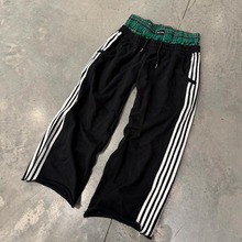 拼接撞色时尚条纹休闲裤男女美式复古宽松直筒高腰阔腿运动裤批发