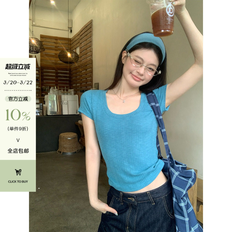 2026 New Blue Short-Sleeve T-Shirt for Women, Summer New Korean Style, Regular Shoulder, Short, Slim-Fit, Beautiful Dopamine Top