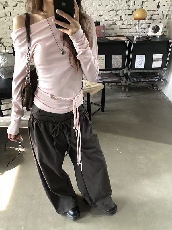 韩系辣妹斜肩设计感长袖t恤女2025秋季新款收腰修身显瘦腰绳上衣|undefined