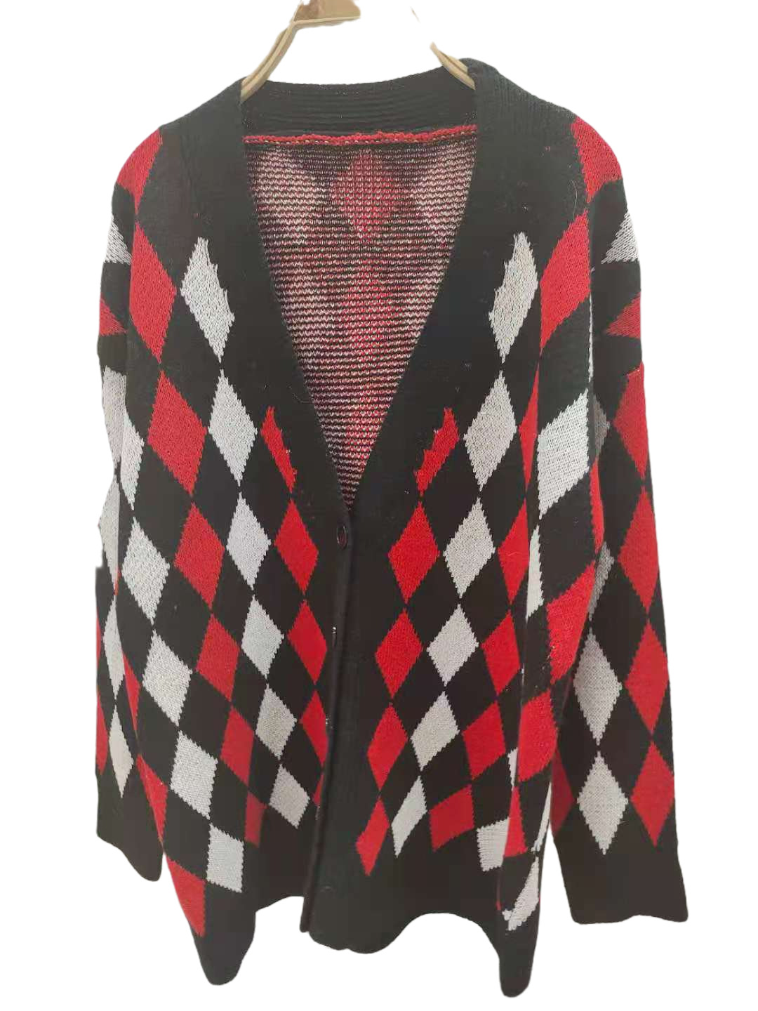 Geometric Print Loose Mid-Length Knitted Cardigan NSJXW106467